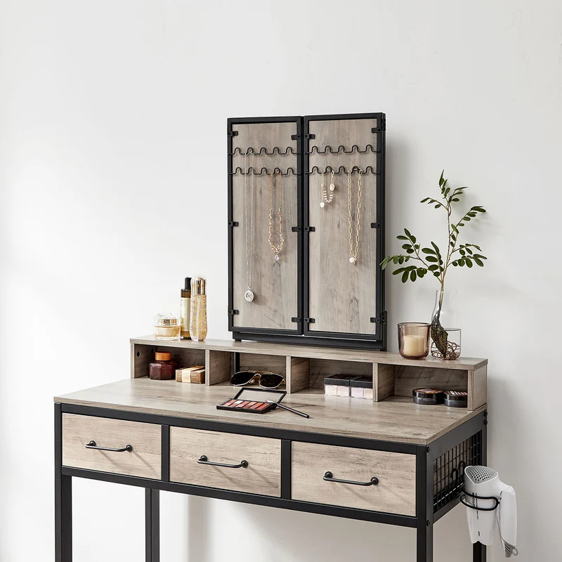 Ensemble de coiffeuse 90 x 40 x 141 cm table de toilette avec tabouret rembourré avec miroir triple 3 tiroirs porte-sèche-cheveux pot style industriel marron rustique et noir 12_0005418
