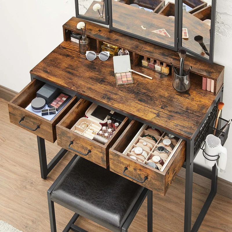 Ensemble de coiffeuse table de toilette 90 x 40 x 141 cm avec tabouret rembourré avec miroir triple 3 tiroirs porte-sèche-cheveux pot style industriel marron 12_0005417