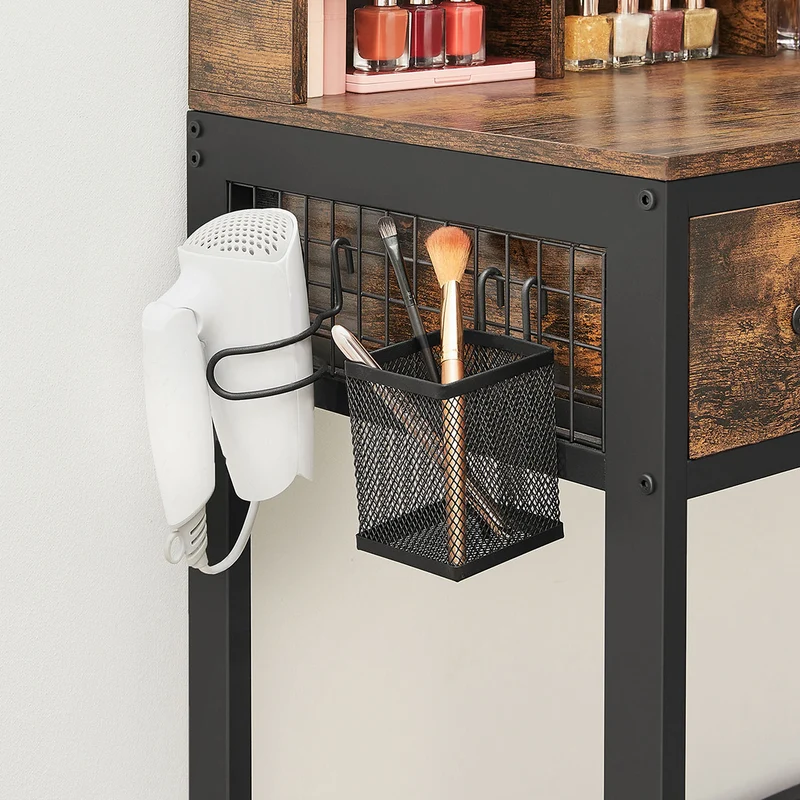 Ensemble de coiffeuse table de toilette 90 x 40 x 141 cm avec tabouret rembourré avec miroir triple 3 tiroirs porte-sèche-cheveux pot style industriel marron 12_0005417