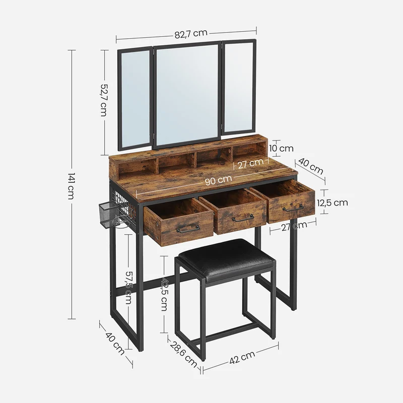 Ensemble de coiffeuse table de toilette 90 x 40 x 141 cm avec tabouret rembourré avec miroir triple 3 tiroirs porte-sèche-cheveux pot style industriel marron 12_0005417