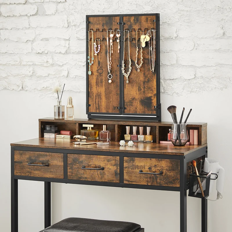 Ensemble de coiffeuse table de toilette 90 x 40 x 141 cm avec tabouret rembourré avec miroir triple 3 tiroirs porte-sèche-cheveux pot style industriel marron 12_0005417