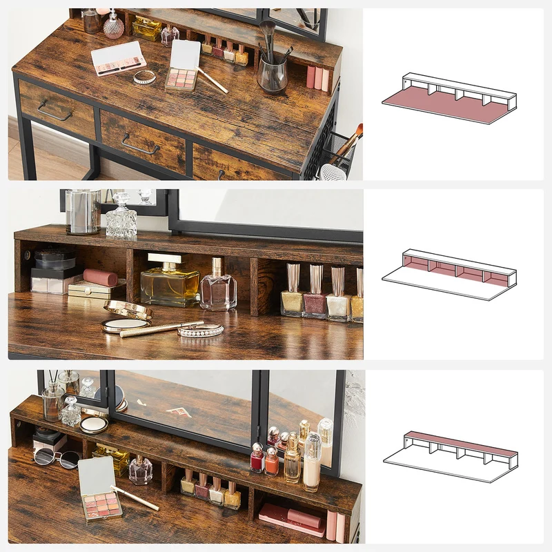 Ensemble de coiffeuse table de toilette 90 x 40 x 141 cm avec tabouret rembourré avec miroir triple 3 tiroirs porte-sèche-cheveux pot style industriel marron 12_0005417
