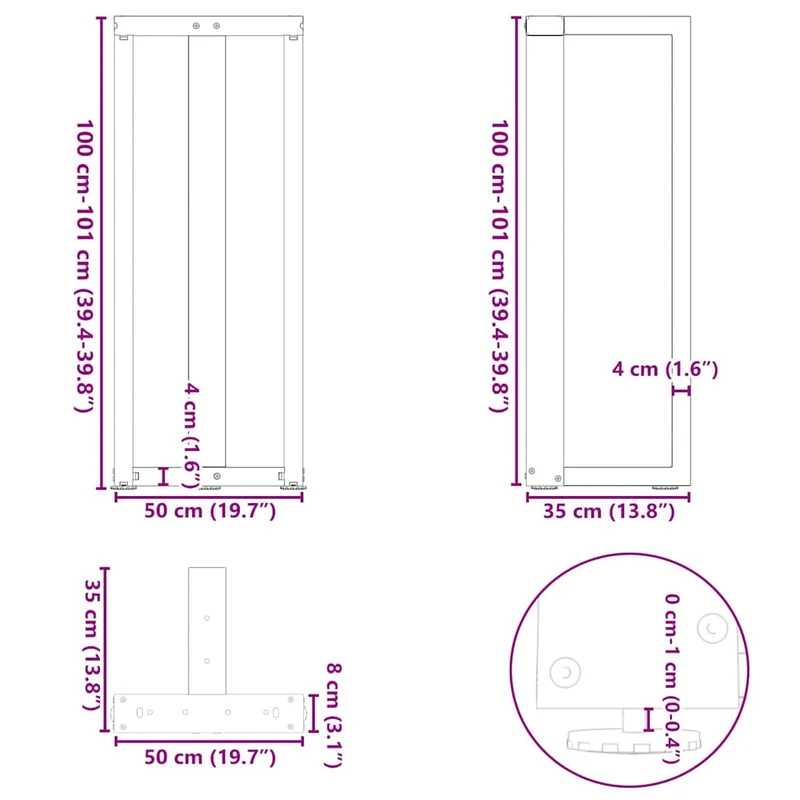 Lot de 2 pieds de table de bar en forme de T avec niveleurs réglables 50 x 35 x 100 cm en acier noir 02_0057353