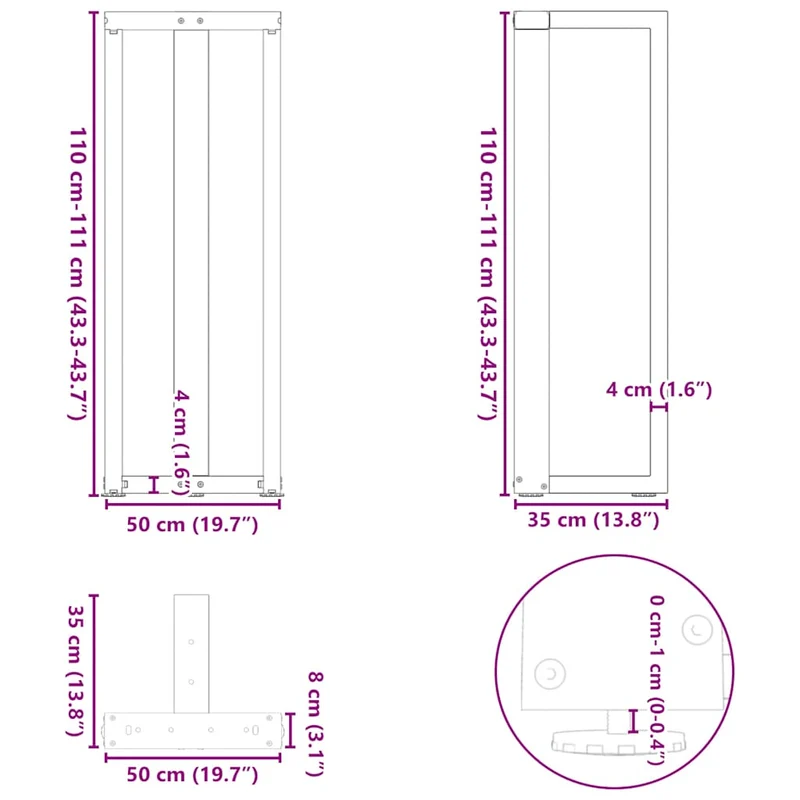 Lot de 2 pieds de table de bar en forme de T avec niveleurs réglables 50 x 35 x 110 cm en acier noir 02_0057363