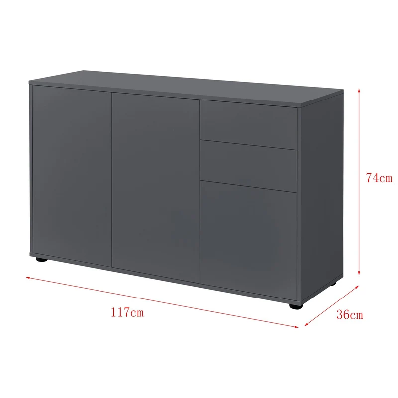 Commode stylée meuble de rangement pratique avec 2 tiroirs 3 portes panneau de particules 74 x 117 x 36 cm gris foncé mat 03_0005048
