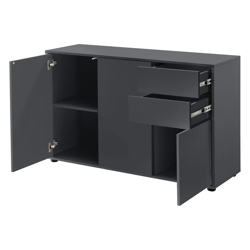 Commode stylée meuble de rangement pratique avec 2 tiroirs 3 portes panneau de particules 74 x 117 x 36 cm gris foncé mat 03_0005048