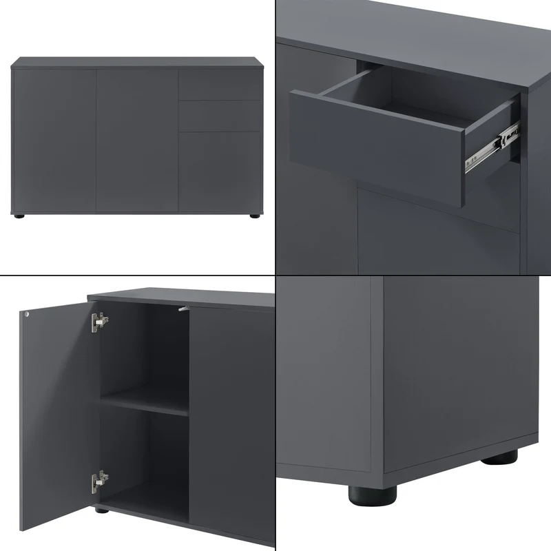 Commode stylée meuble de rangement pratique avec 2 tiroirs 3 portes panneau de particules 74 x 117 x 36 cm gris foncé mat 03_0005048