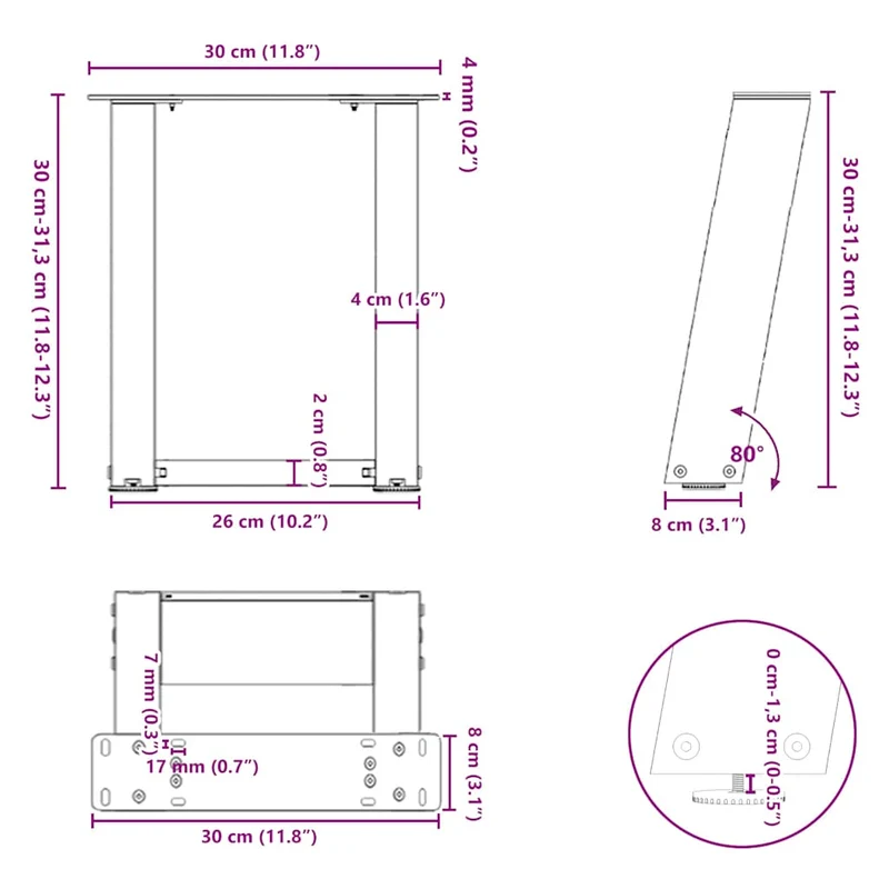 Lot de 2 pieds de table basse en U design moderne 30 x 31 cm avec niveleurs réglables en acier noir 02_0057021
