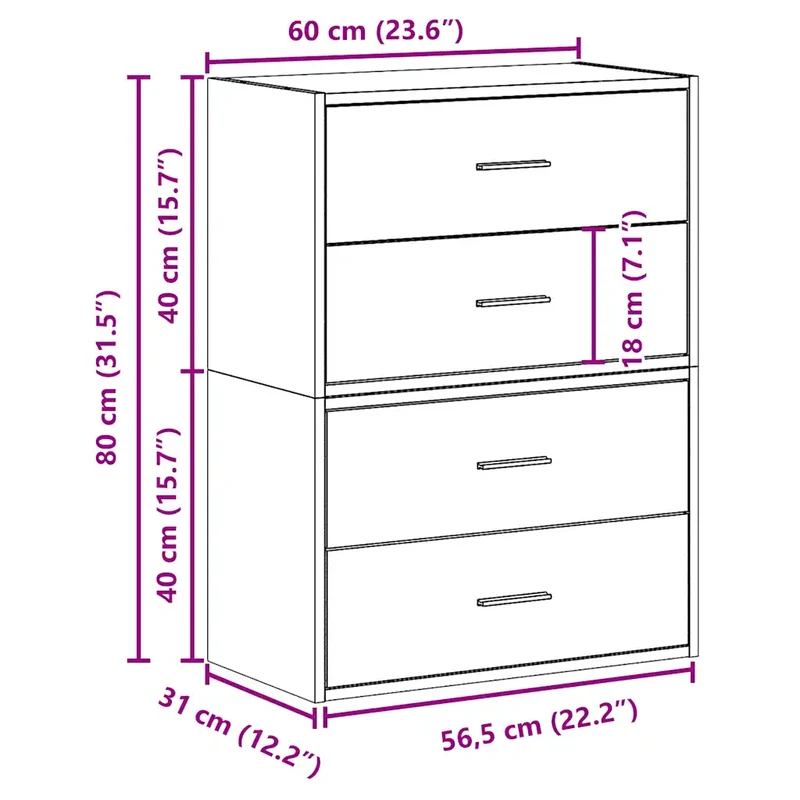 Lot de 2 armoires à tiroirs pratiques 60 x 31 x 40 cm idéal rangement salon chambre en bois d'ingénierie gris béton 02_0051195