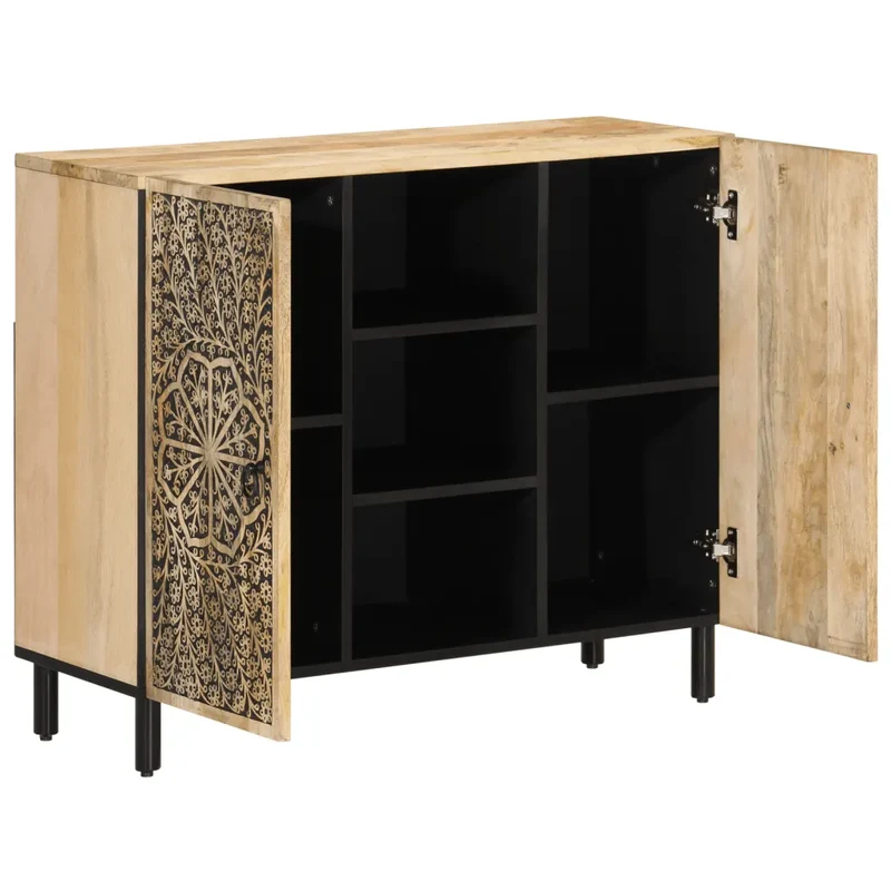 Armoire latérale 90 x 33 x 75 cm avec grand espace de rangement style rétro en bois massif de manguier 02_0047295