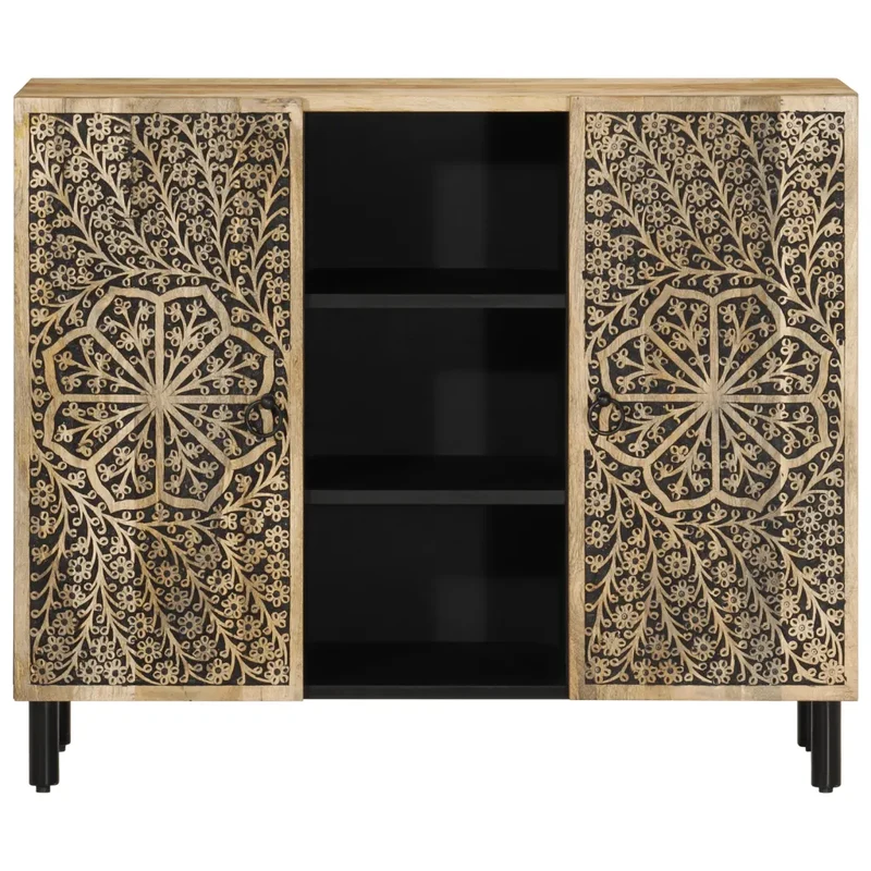 Armoire latérale 90 x 33 x 75 cm avec grand espace de rangement style rétro en bois massif de manguier 02_0047295