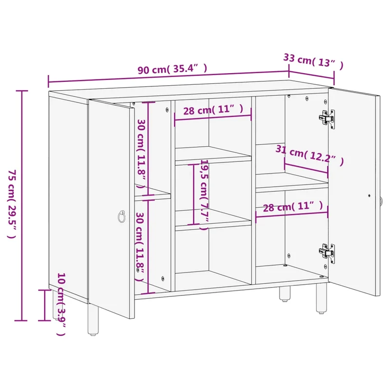 Armoire latérale 90 x 33 x 75 cm avec grand espace de rangement style rétro en bois massif de manguier 02_0047295