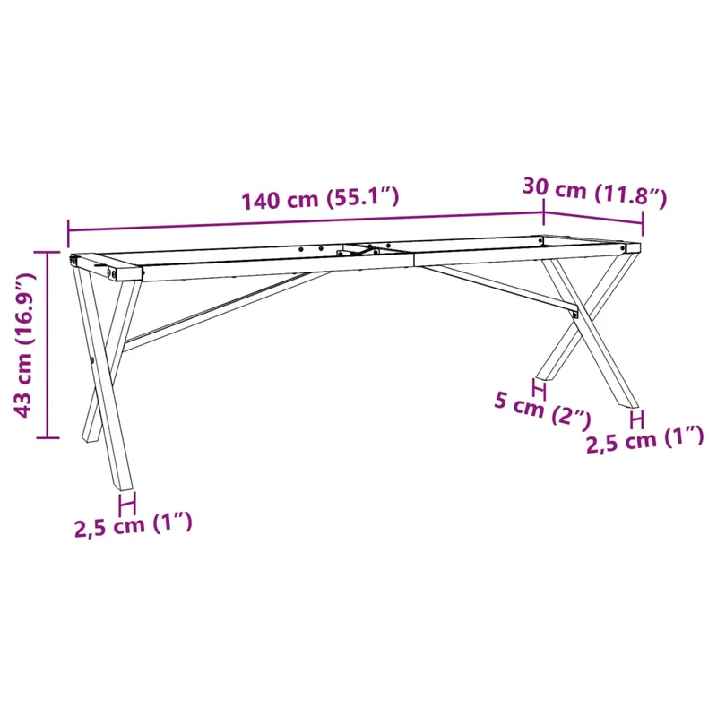 Pieds de table basse cadre en X noir 140 x 30 x 43 cm robustes et stables style industriel en acier 02_0047239