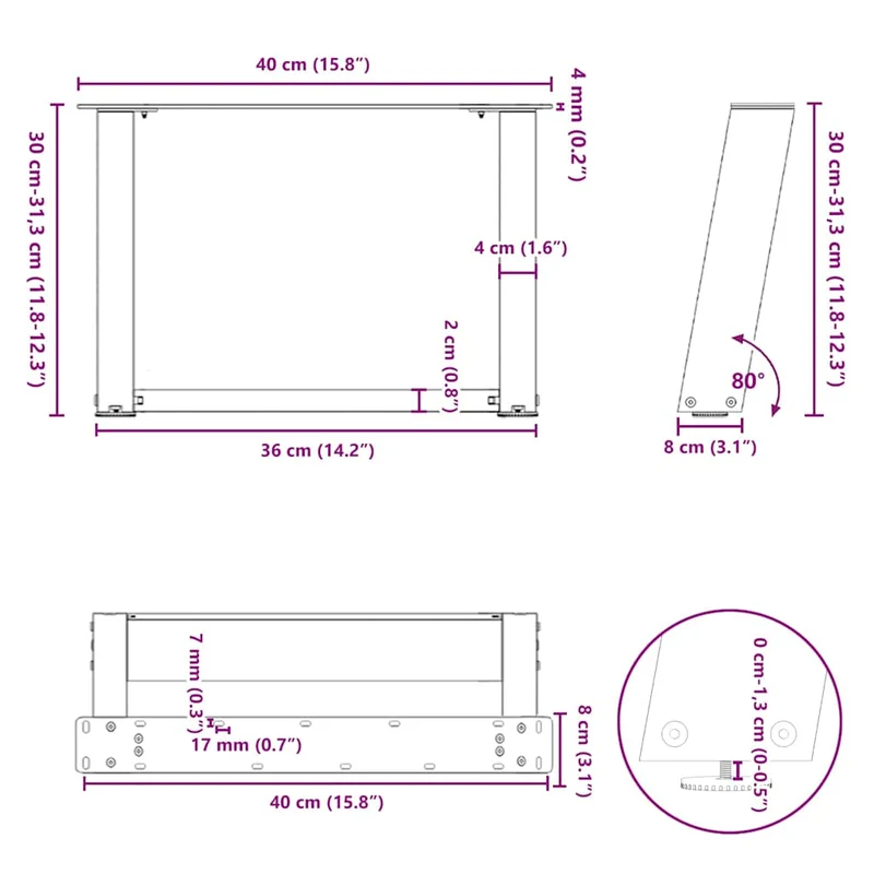 Lot de 2 pieds de table basse en U design moderne stabilité réglable 40 x 30 cm en acier anthracite 02_0057027