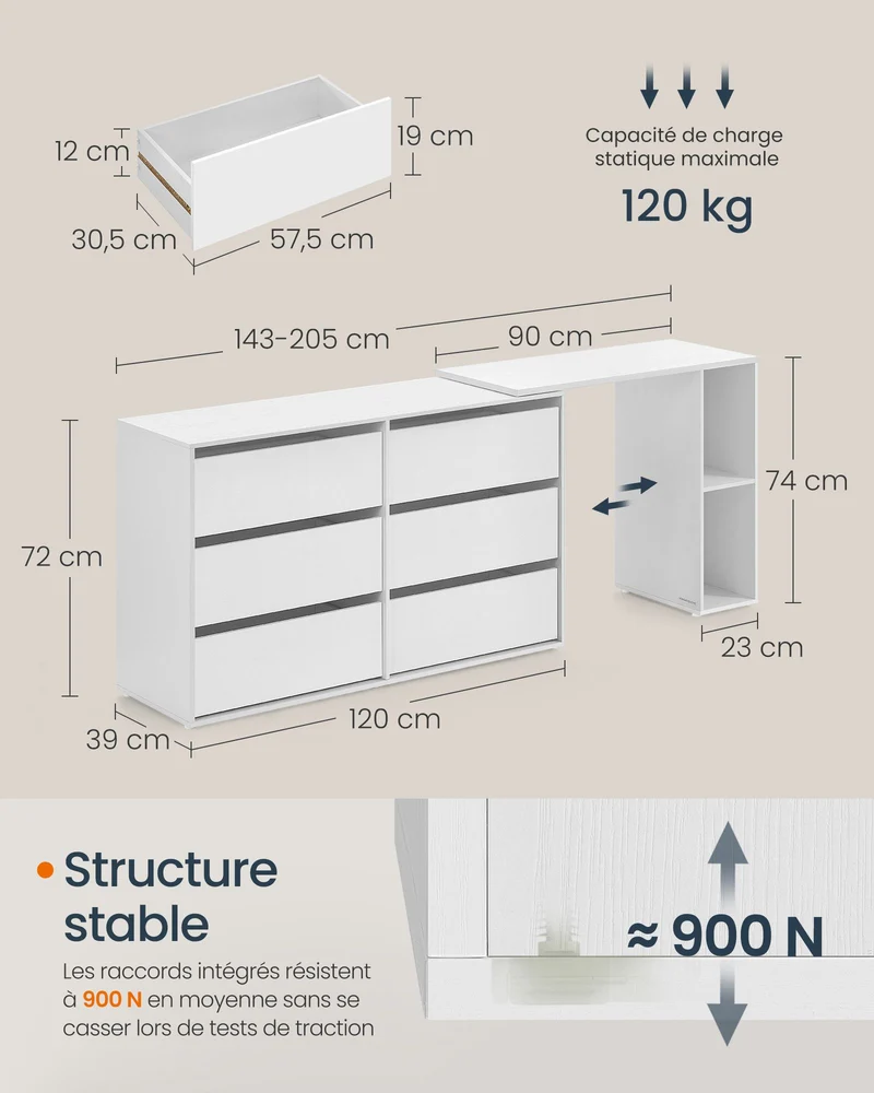 Coiffeuse assemblage rapide 39 x 120 x 72 cm commode meuble de rangement avec étagère côte à côte ou en L pour chambre bureau blanc 12_0006065