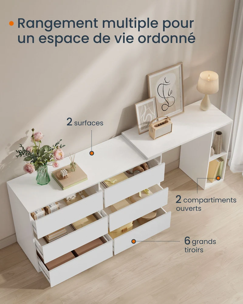 Coiffeuse assemblage rapide 39 x 120 x 72 cm commode meuble de rangement avec étagère côte à côte ou en L pour chambre bureau blanc 12_0006065