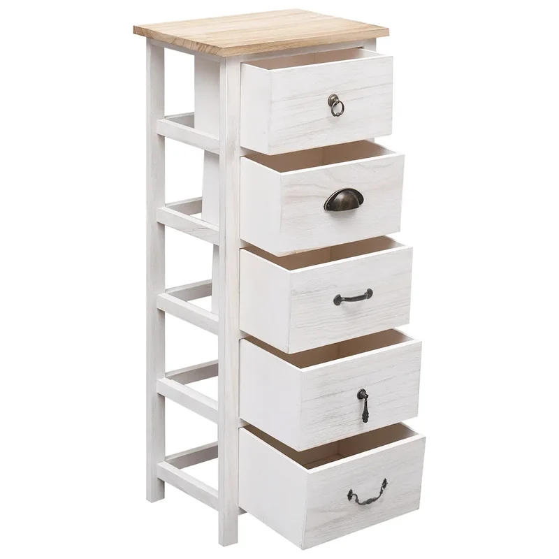 Armoire latérale avec 5 tiroirs pratique déco 35 x 25 x 87 cm en bois de Paulownia blanc 02_0046458