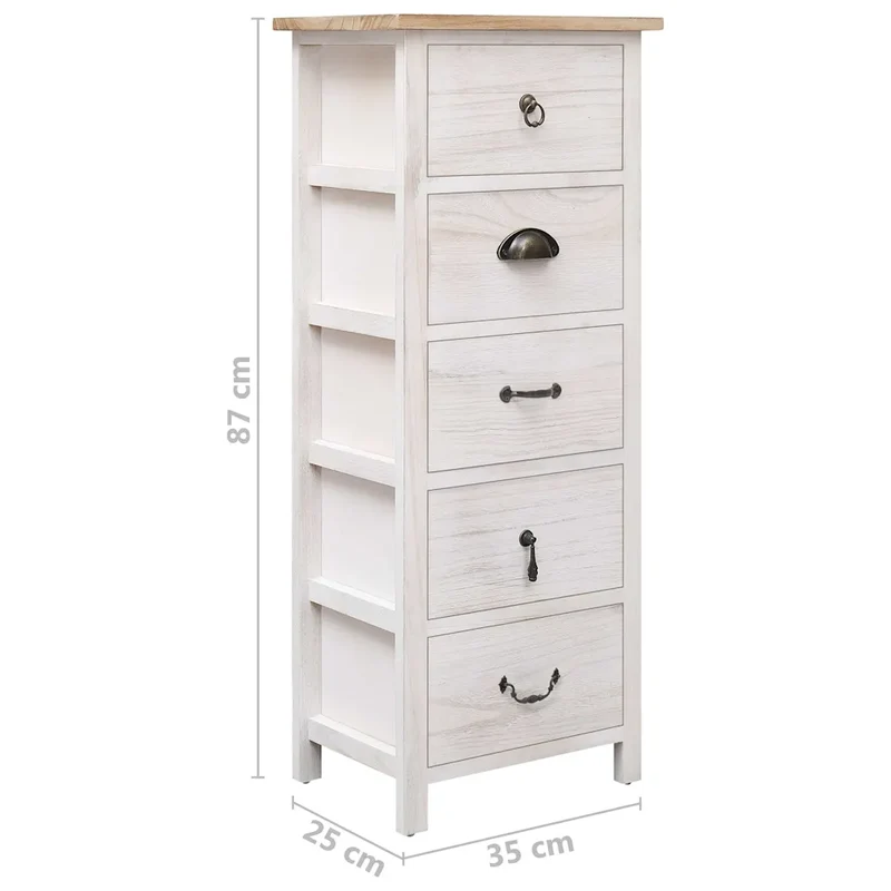 Armoire latérale avec 5 tiroirs pratique déco 35 x 25 x 87 cm en bois de Paulownia blanc 02_0046458