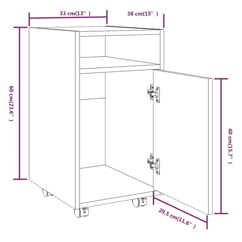 Armoire à roues pour salon ou bureau 33 x 38 x 60 cm grande capacité de rangement style contemporain en bois chêne fumé 02_0048246