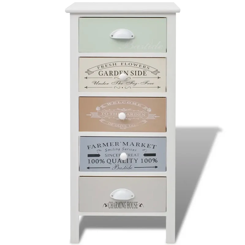 Armoire de rangement style français rustique 38 x 28 x 86,5 cm avec 5 tiroirs décoratifs en bois blanc 02_0046275