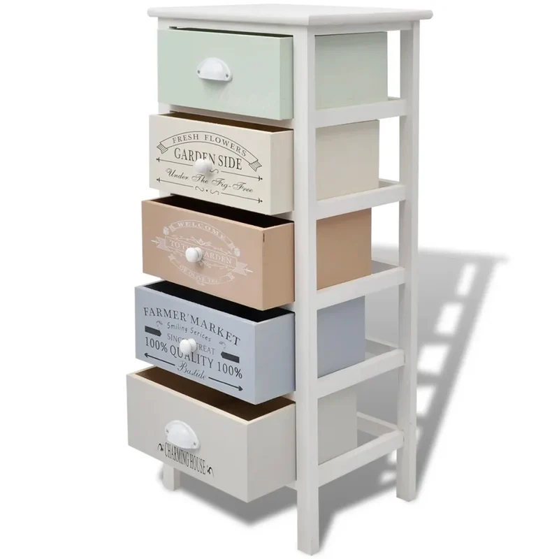 Armoire de rangement style français rustique 38 x 28 x 86,5 cm avec 5 tiroirs décoratifs en bois blanc 02_0046275
