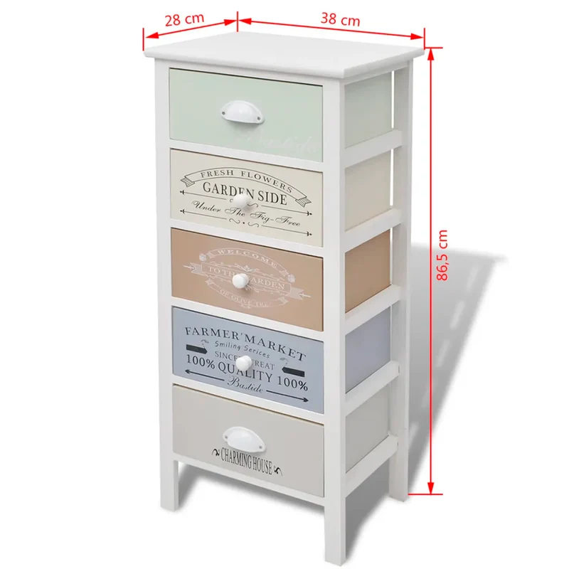 Armoire de rangement style français rustique 38 x 28 x 86,5 cm avec 5 tiroirs décoratifs en bois blanc 02_0046275