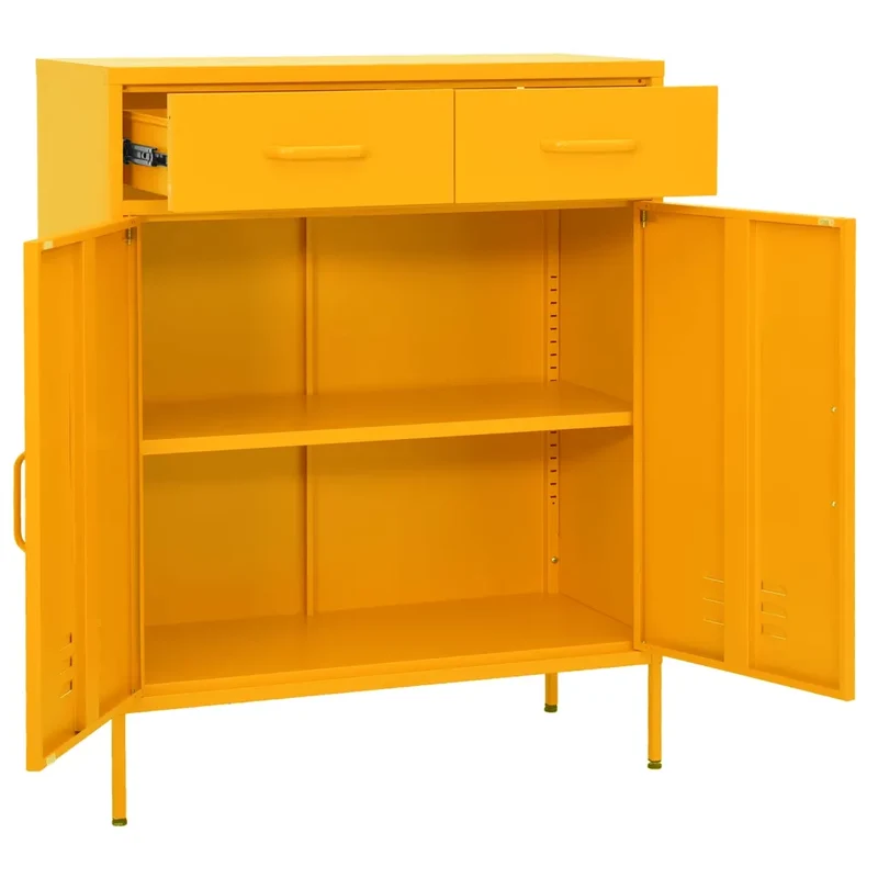 Armoire de rangement moderne en acier 80 x 35 x 101,5 cm avec 2 tiroirs et 1 étagère jaune moutarde 02_0046846