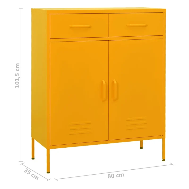 Armoire de rangement moderne en acier 80 x 35 x 101,5 cm avec 2 tiroirs et 1 étagère jaune moutarde 02_0046846