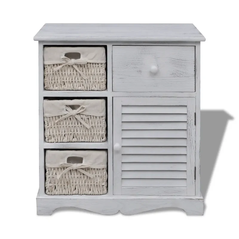 Armoire de rangement en bois design campagnard 60 x 30 x 63 cm avec 3 paniers en coton blanc 02_0046226