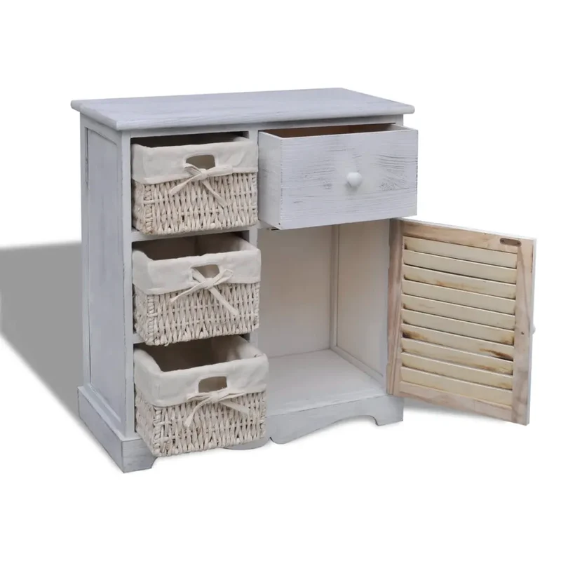 Armoire de rangement en bois design campagnard 60 x 30 x 63 cm avec 3 paniers en coton blanc 02_0046226