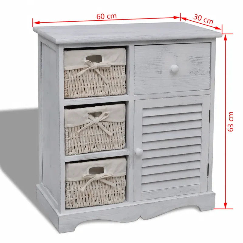 Armoire de rangement en bois design campagnard 60 x 30 x 63 cm avec 3 paniers en coton blanc 02_0046226