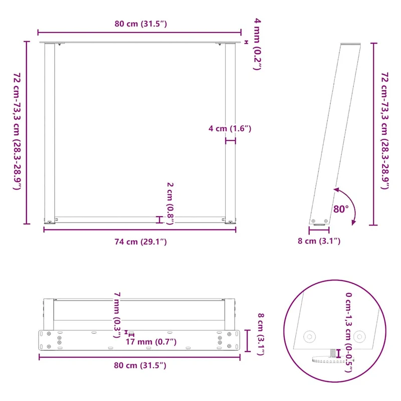 Lot de 2 pieds de table à manger en U 80 x 72-73 cm avec niveleurs réglables design moderne en acier naturel 02_0057079