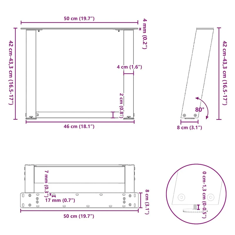 Lot de 2 pieds de table basse en U inclinés 50 x 42 x 43 cm avec niveleurs réglables design moderne en acier noir 02_0057048