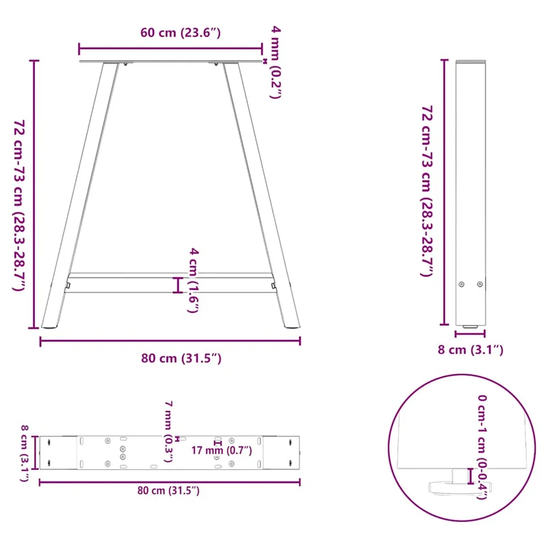 Lot de 2 pieds de table à manger en forme de A réglables 80 x 72-73 cm en acier blanc 02_0057133