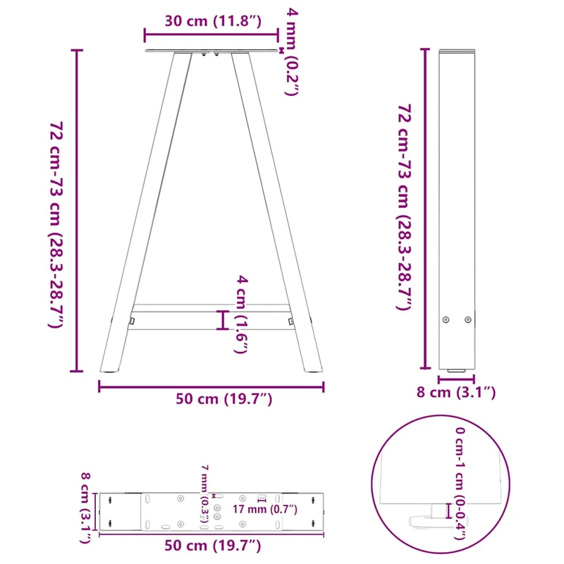 Lot de 2 pieds de table à manger en forme de A 50 x 72 cm design moderne avec niveleurs réglables en acier noir 02_0057125