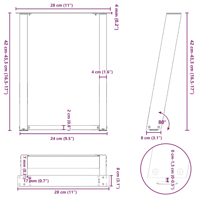 Lot de 2 pieds de table basse inclinés en U 28 x 42-43 cm avec niveleurs réglables style moderne en acier blanc 02_0057041