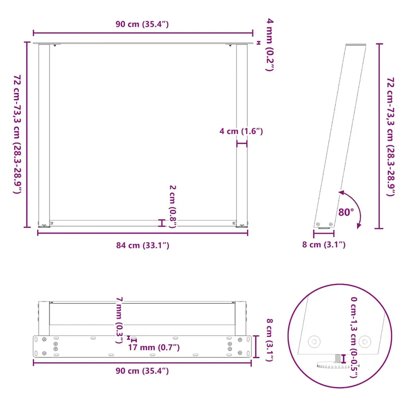 Lot de 2 pieds de table à manger en U réglables 90 x 73 cm stable design moderne en acier blanc 02_0057081
