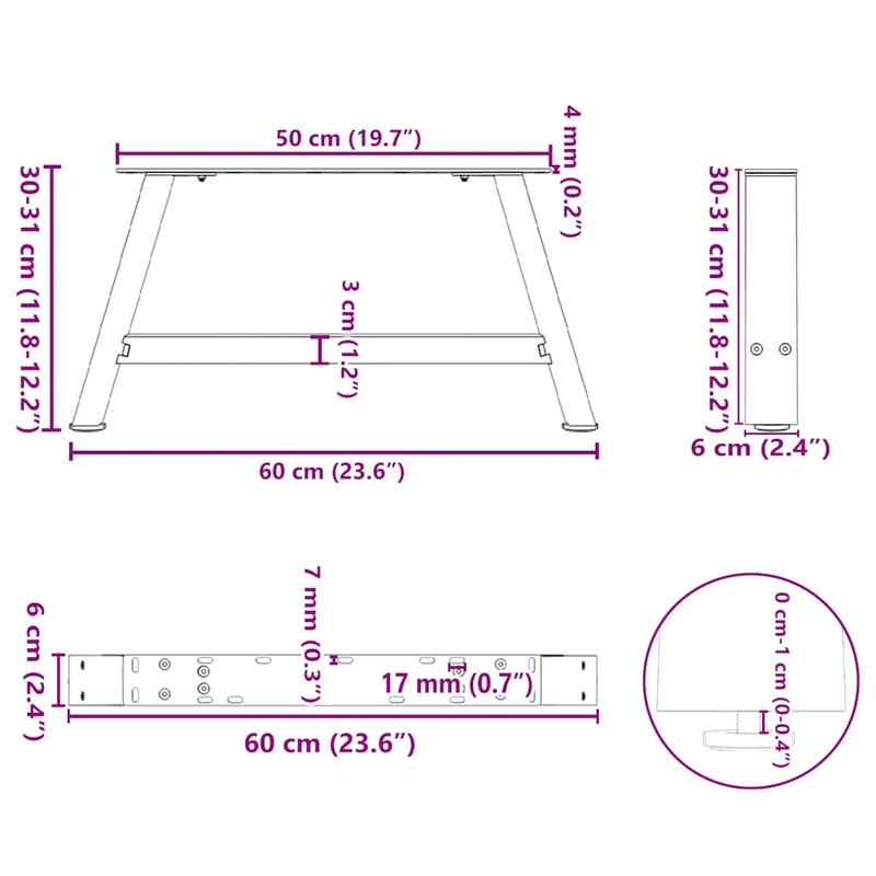 Lot de 2 pieds de table basse en A 60 x 30 cm avec niveleurs réglables style moderne en acier noir 02_0057103
