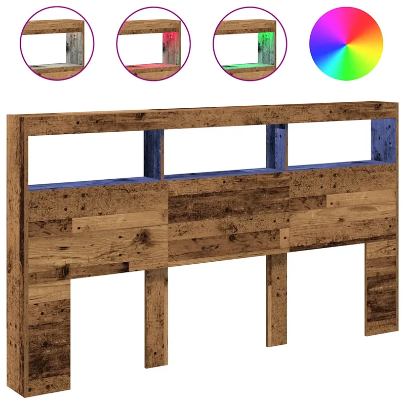 Armoire tête de lit avec rangement et lumières LED 180 x 17 x 102 cm en bois d'ingénierie vieux bois 02_0051950