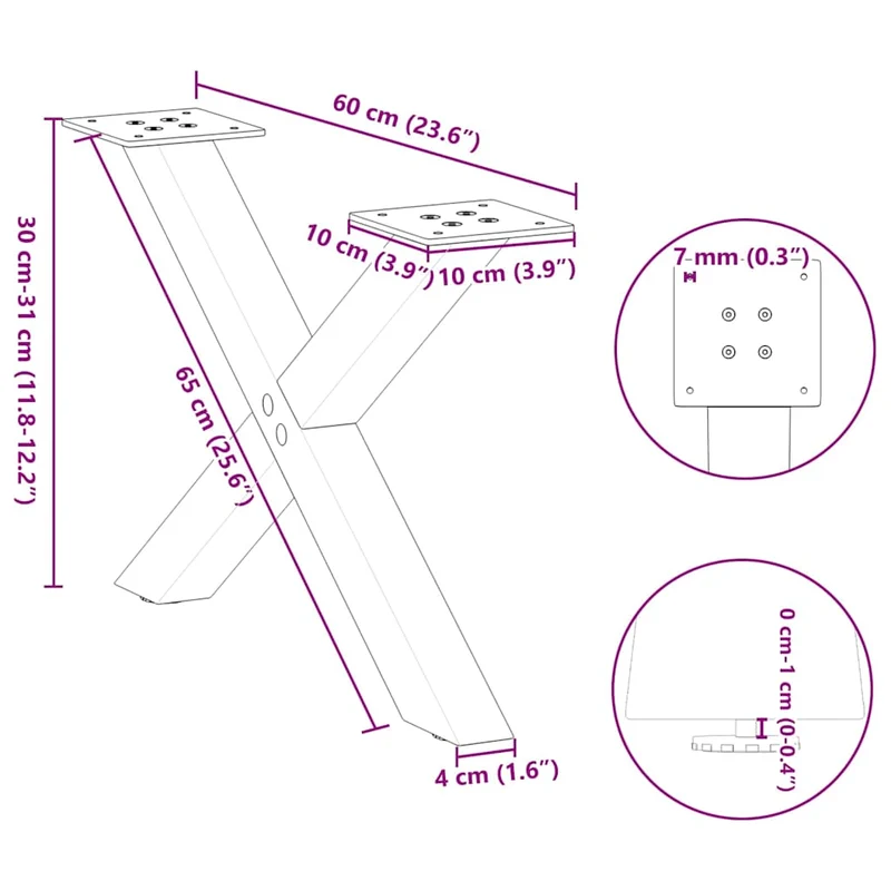 Lot de 2 pieds de table basse en forme de X 60 x 30 cm robustes avec niveleurs réglables en acier blanc 02_0057156