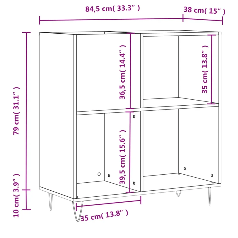 Armoire à disques design classique 84,5 x 38 x 89 cm grand espace de rangement style industriel en bois chêne fumé 02_0049172