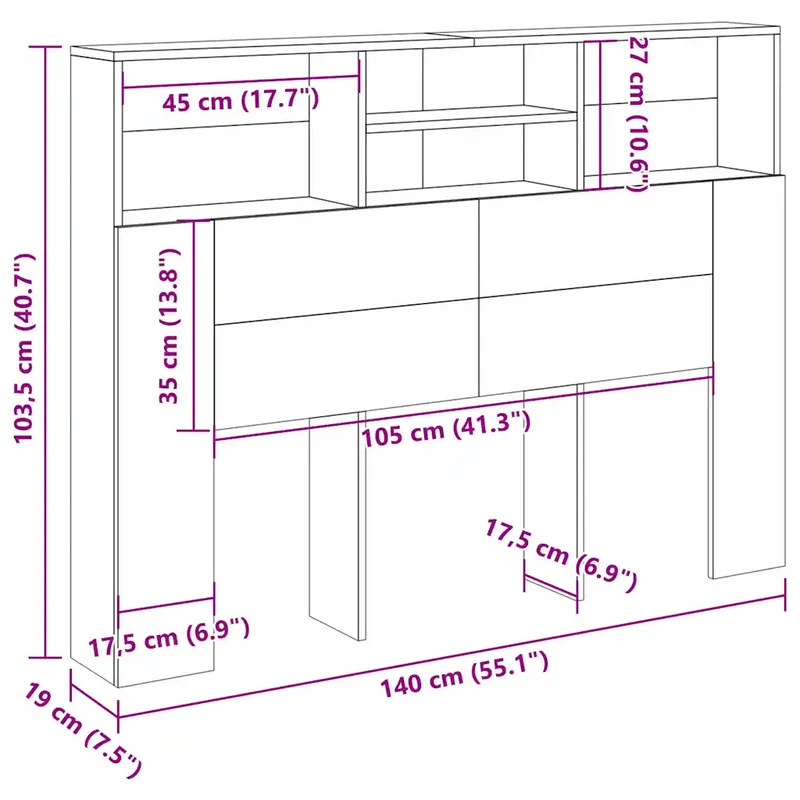 Armoire de tête de lit contemporaine rangement livres 140 x 19 x 103 cm en bois d'ingénierie vieux bois 02_0050956