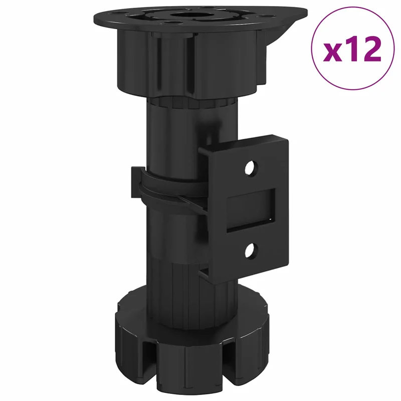 Lot de 12 pieds de meuble réglables durables 46 x 46 x 128 mm style épuré minimaliste en PP noir 02_0051978