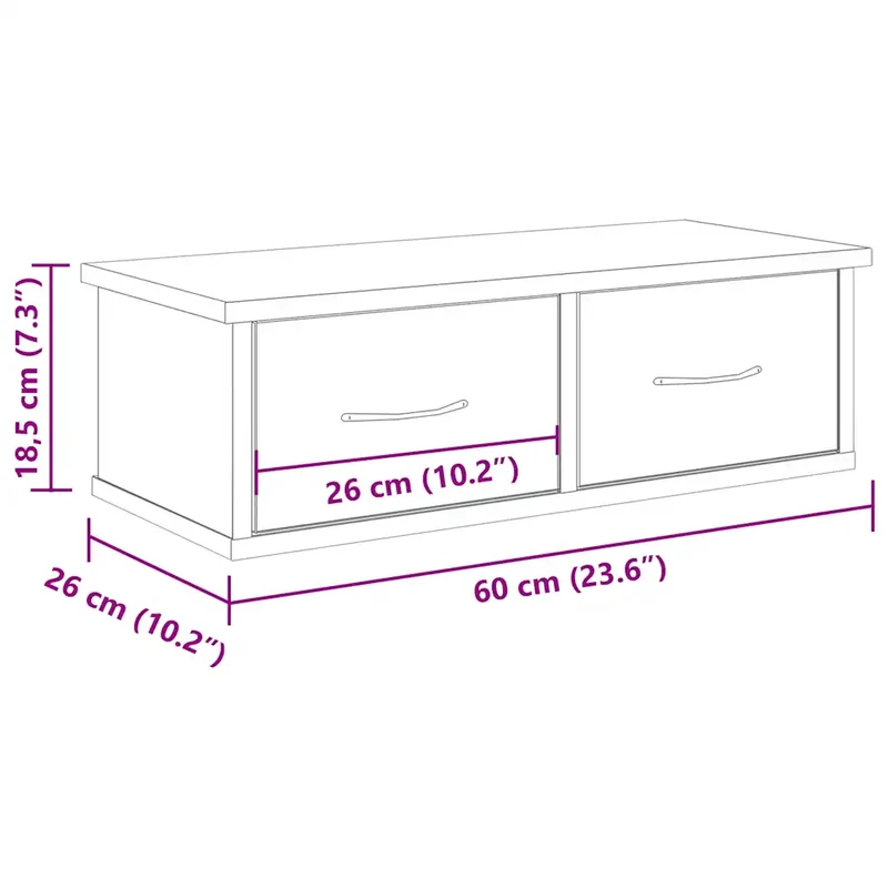 Armoire murale pratique avec 2 tiroirs 60 x 26 x 18 cm design élégant en bois d'ingénierie vieux bois 02_0050688